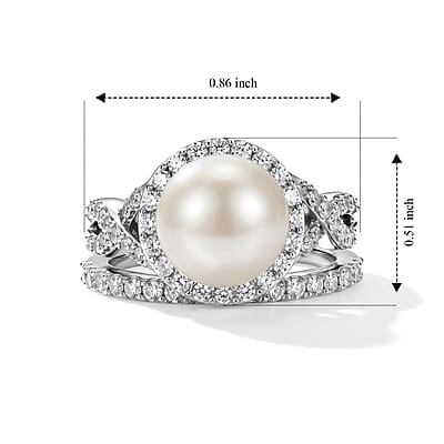 EverTrue Freshwater Pearl and White Zircon 1.35 ctw Set of 2 Stackable Ring in Platinum Bond (Size 5.0)