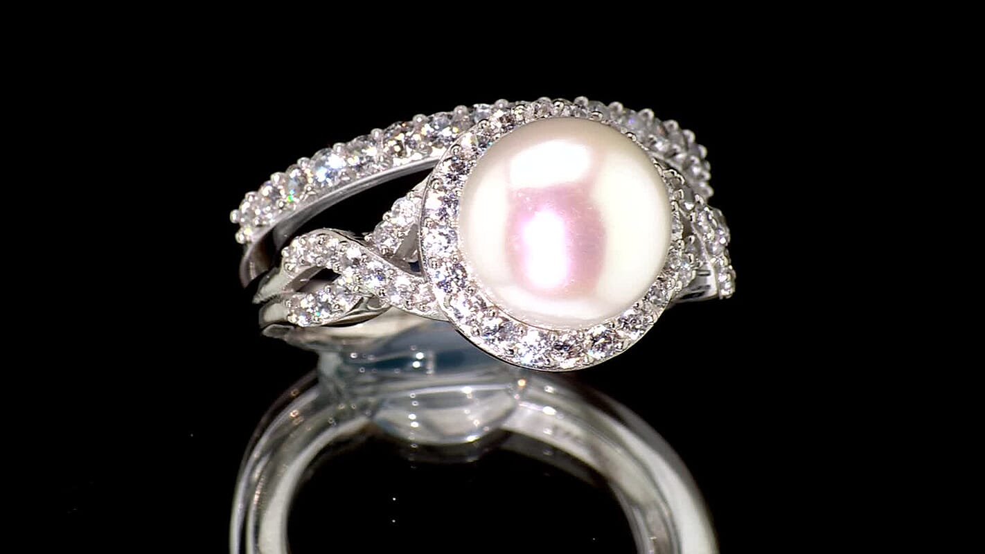 EverTrue Freshwater Pearl and White Zircon 1.35 ctw Set of 2 Stackable Ring in Platinum Bond (Size 5.0)