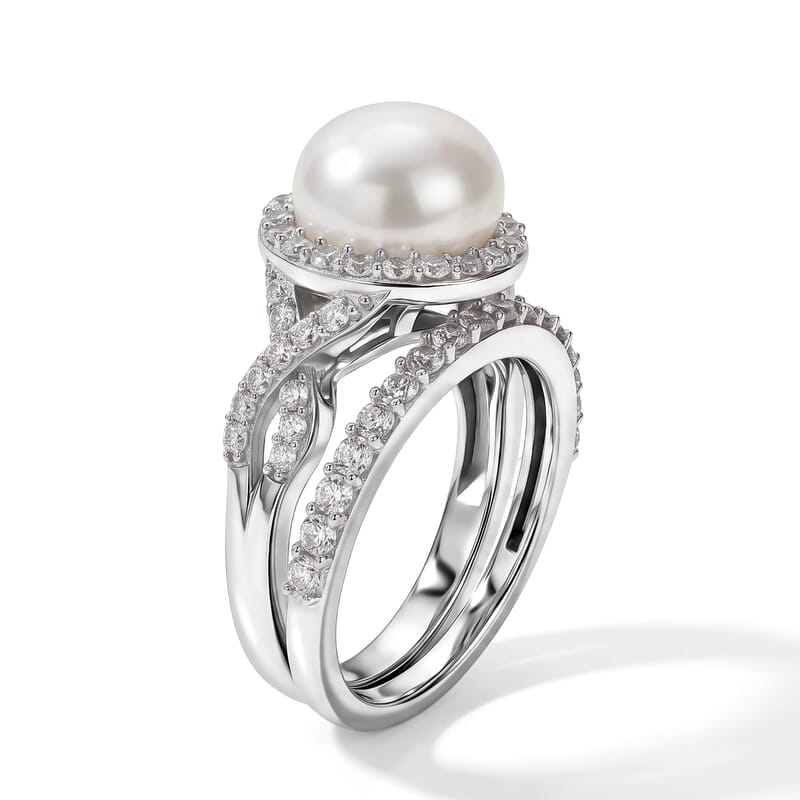 EverTrue Freshwater Pearl and White Zircon 1.35 ctw Set of 2 Bridal Ring in Platinum Bond (Size 7.0)