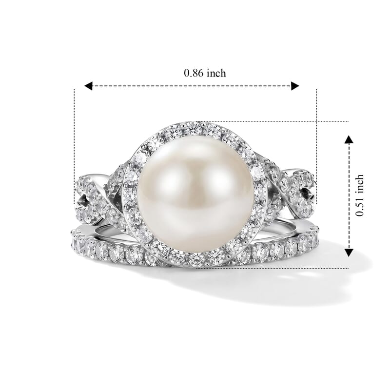 EverTrue Freshwater Pearl and White Zircon 1.35 ctw Set of 2 Bridal Ring in Platinum Bond (Size 7.0)