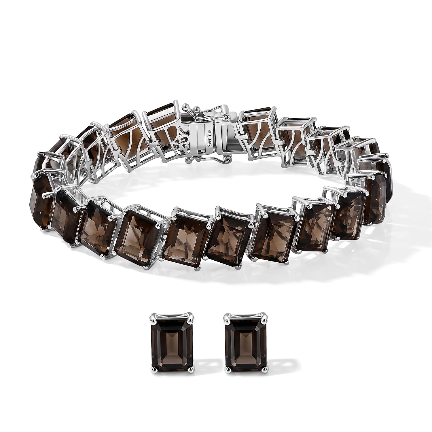 EverTrue Brazilian Smoky Quartz 53.70 ctw Bracelet (6.5In) and Solitaire Stud Earrings in Platinum Bond