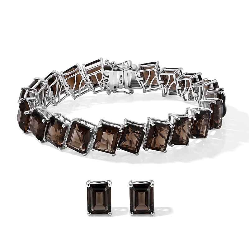 EverTrue Brazilian Smoky Quartz 53.70 ctw Bracelet (6.5In) and Solitaire Stud Earrings in Platinum Bond