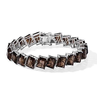 EverTrue Brazilian Smoky Quartz 53.70 ctw Bracelet (6.5In) and Solitaire Stud Earrings in Platinum Bond