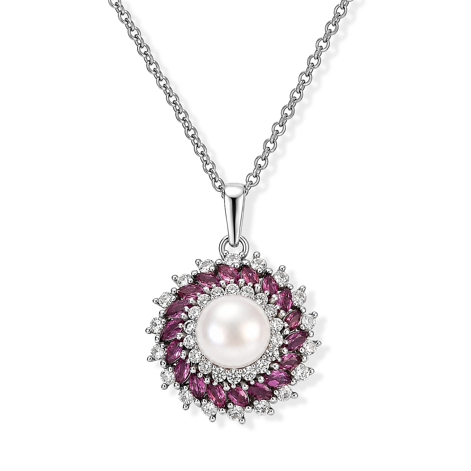 EverTrue Freshwater Pearl and Multi Gemstone 3.15 ctw Pendant in Platinum Bond with Stainless Steel Necklace (20 Inches)
