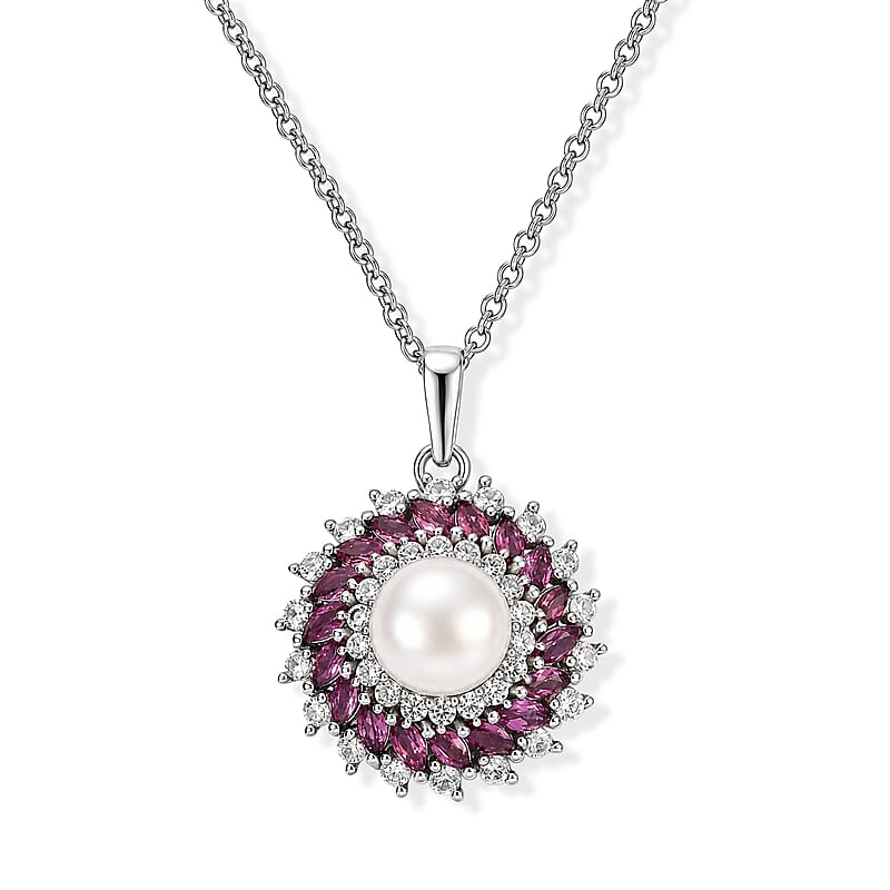 EverTrue Freshwater Pearl and Multi Gemstone 3.15 ctw Pendant in Platinum Bond with Stainless Steel Necklace (20 Inches)