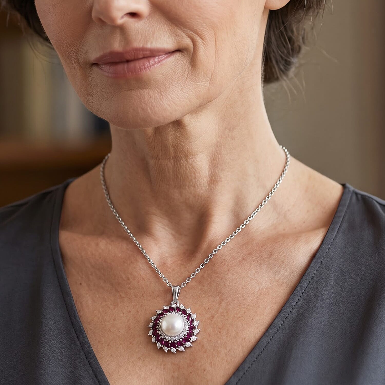 EverTrue Freshwater Pearl and Multi Gemstone 3.15 ctw Pendant in Platinum Bond with Stainless Steel Necklace (20 Inches)