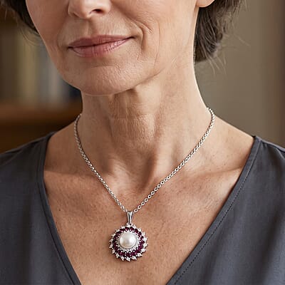 EverTrue Freshwater Pearl and Multi Gemstone 3.15 ctw Pendant in Platinum Bond with Stainless Steel Necklace (20 Inches)