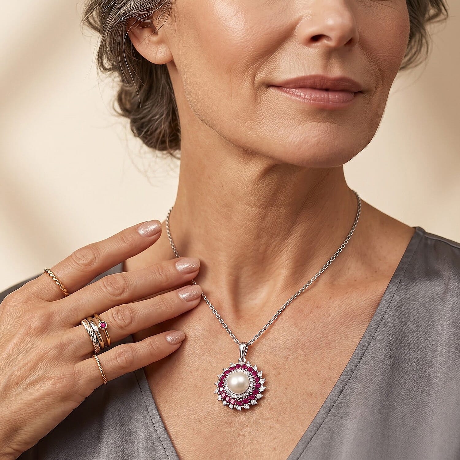 EverTrue Freshwater Pearl and Multi Gemstone 3.15 ctw Pendant in Platinum Bond with Stainless Steel Necklace (20 Inches)
