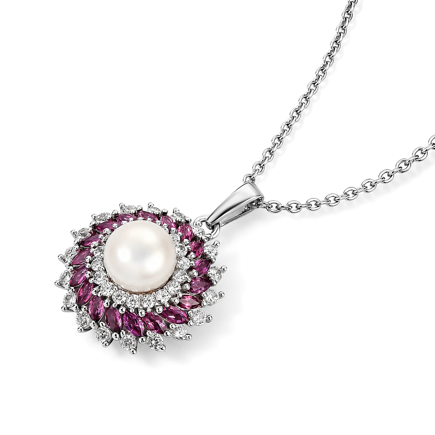 EverTrue Freshwater Pearl and Multi Gemstone 3.15 ctw Pendant in Platinum Bond with Stainless Steel Necklace (20 Inches)