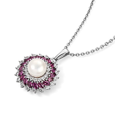 EverTrue Freshwater Pearl and Multi Gemstone 3.15 ctw Pendant in Platinum Bond with Stainless Steel Necklace (20 Inches)