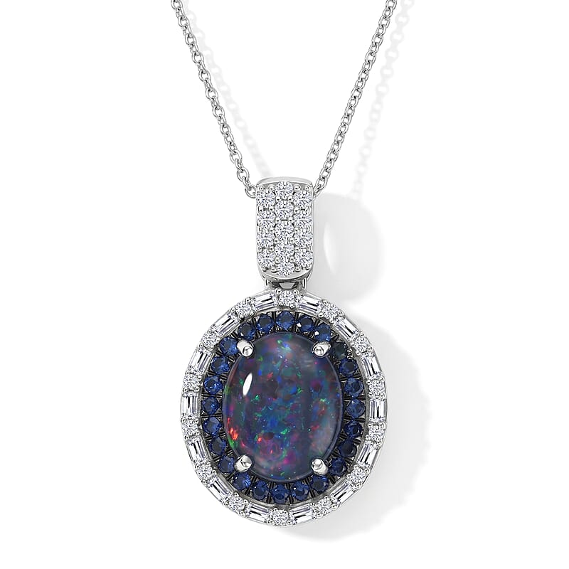 D'Joy Premium Australian Black Ridge Opal (Triplet) and Multi Gemstone 3.00 ctw Deep Sea Mystique Pendant Necklace in Rhodium Over Sterling Silver 20 Inches