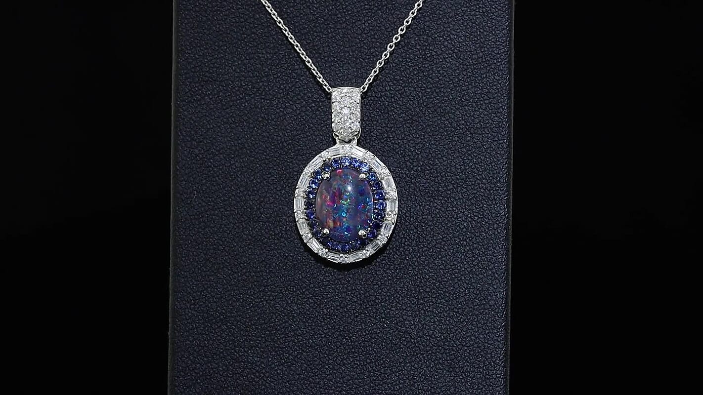 D'Joy Premium Australian Black Ridge Opal, Multi Gemstone Deep Sea Mystique Pendant Necklace (20 Inches) in Rhodium Over Sterling Silver 3.00 ctw