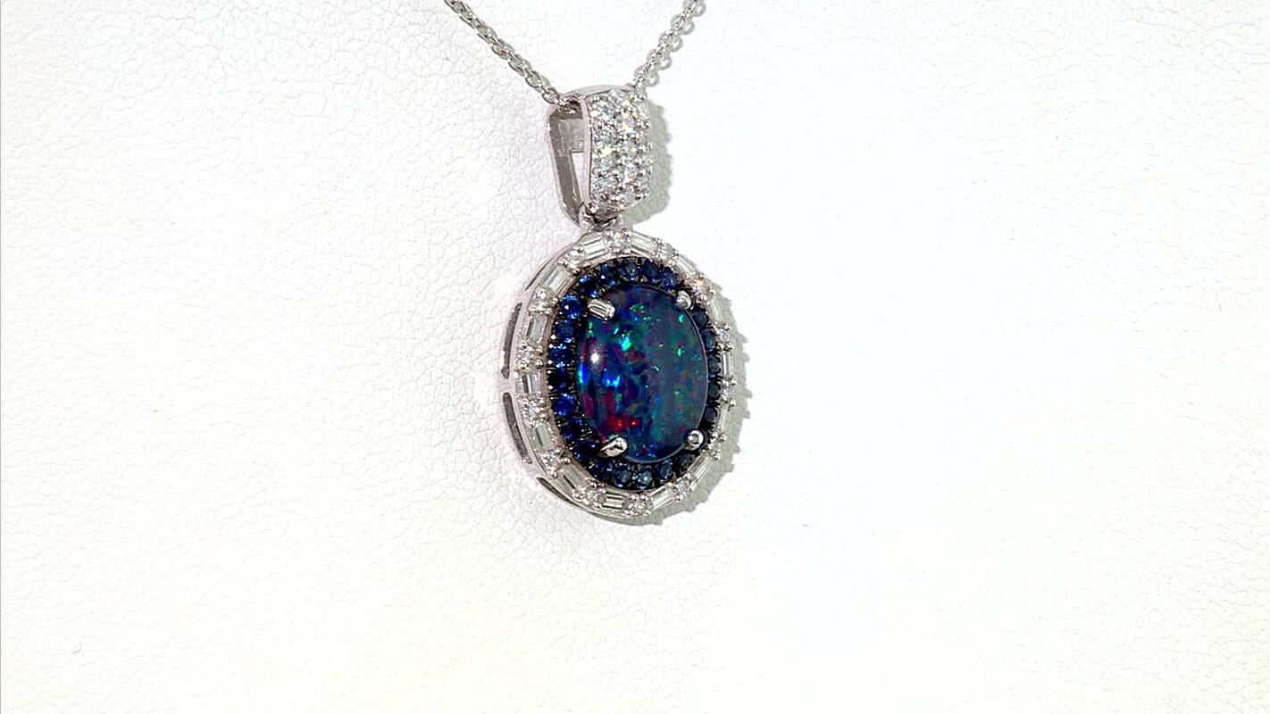 D'Joy Premium Australian Black Ridge Opal, Multi Gemstone Deep Sea Mystique Pendant Necklace (20 Inches) in Rhodium Over Sterling Silver 3.00 ctw
