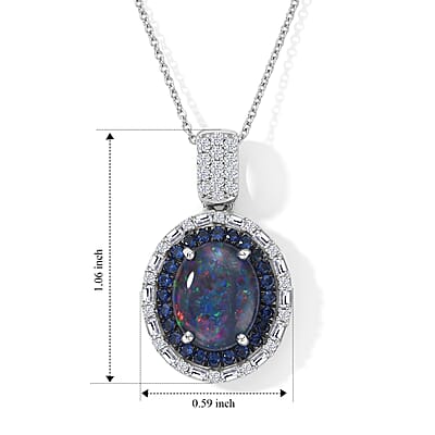 D'Joy Premium Australian Black Ridge Opal (Triplet) and Multi Gemstone 3.00 ctw Deep Sea Mystique Pendant Necklace in Rhodium Over Sterling Silver 20 Inches
