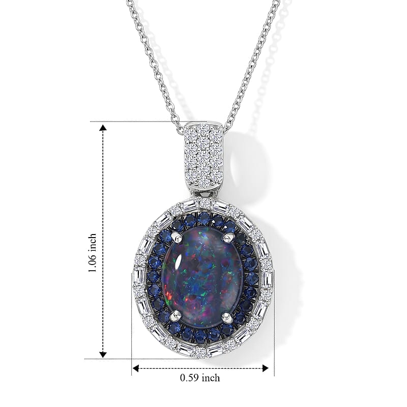 D'Joy Premium Australian Black Ridge Opal (Triplet) and Multi Gemstone 3.00 ctw Deep Sea Mystique Pendant Necklace in Rhodium Over Sterling Silver 20 Inches