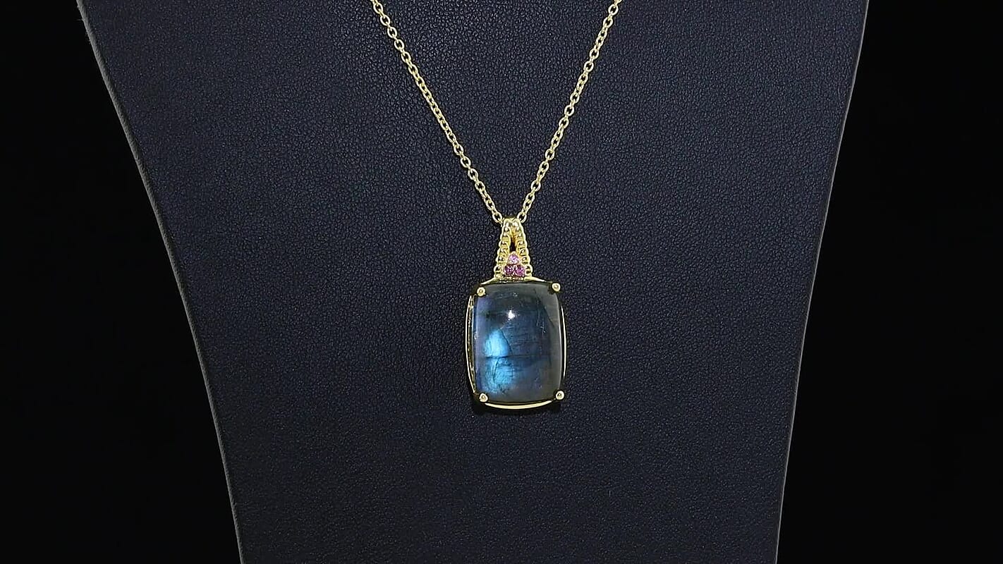EverTrue AAA Malagasy Labradorite, Lotus Garnet Pendant in 18K YG Plated with ION Plated YG Stainless Steel Necklace (20 Inches) 20.60 ctw