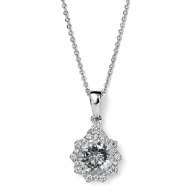 D'Joy Premium Santa Maria Aquamarine and Moissanite 1.60 ctw Pendant Necklace in Rhodium Over Sterling Silver 18 Inches