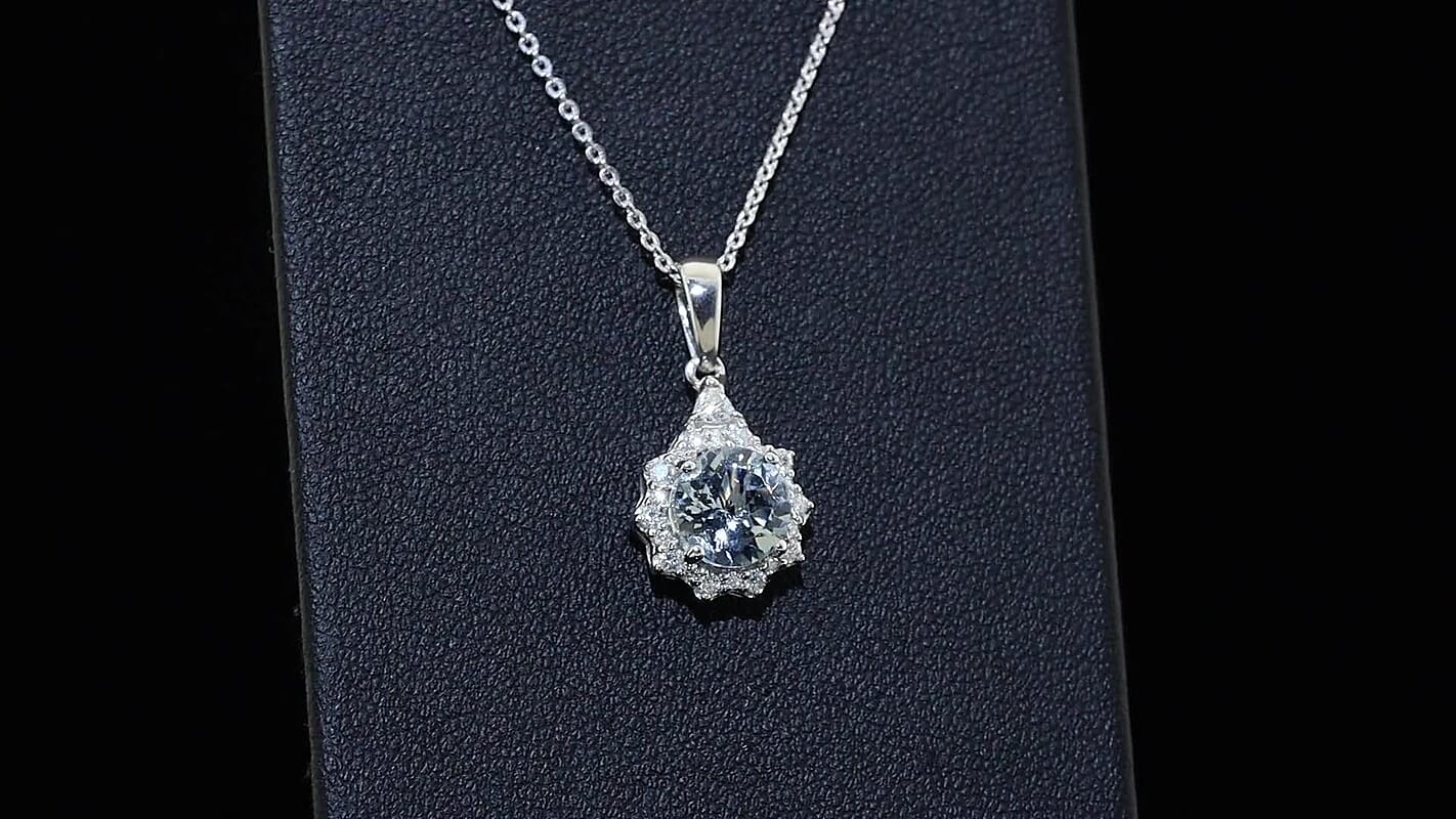 D'Joy Premium Santa Maria Aquamarine, Moissanite Pendant Necklace (18 Inches) in Rhodium Over Sterling Silver 1.60 ctw