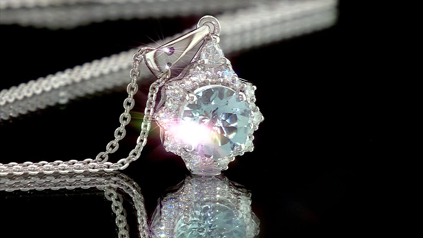 D'Joy Premium Santa Maria Aquamarine, Moissanite Pendant Necklace (18 Inches) in Rhodium Over Sterling Silver 1.60 ctw
