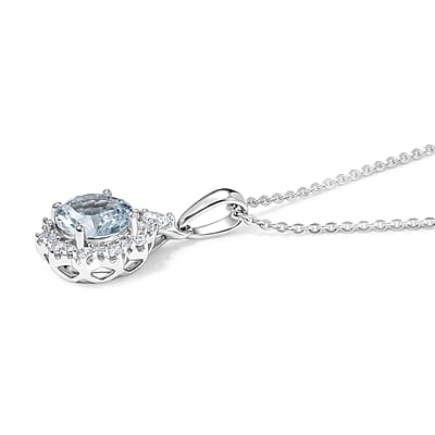 D'Joy Premium Santa Maria Aquamarine and Moissanite 1.60 ctw Pendant Necklace in Rhodium Over Sterling Silver 18 Inches