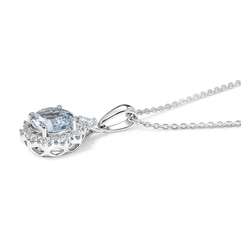D'Joy Premium Santa Maria Aquamarine and Moissanite 1.60 ctw Pendant Necklace in Rhodium Over Sterling Silver 18 Inches
