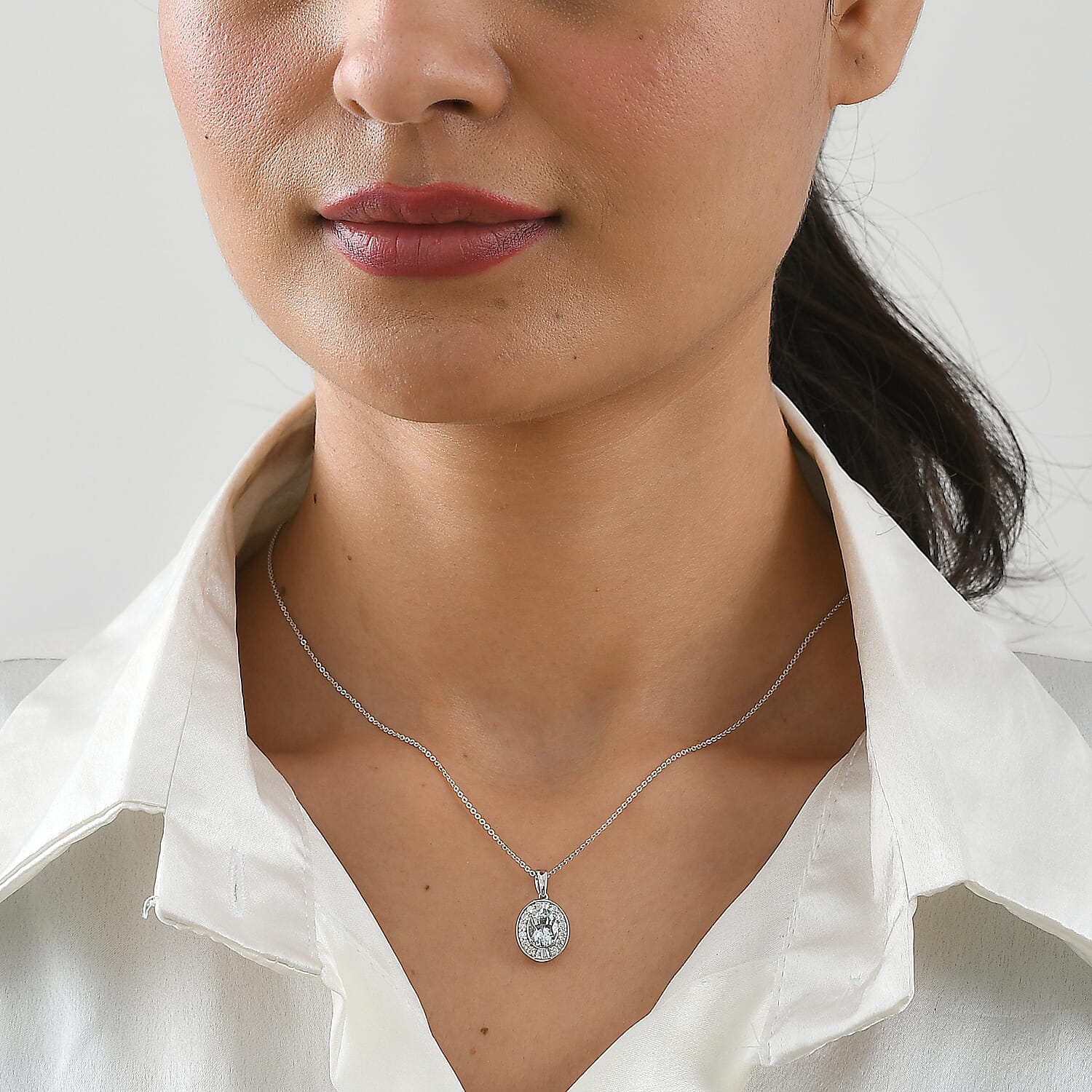 D'Joy Premium Mangoro Aquamarine and Moissanite 1.60 ctw Pendant Necklace (18 Inches) in Rhodium Over Sterling Silver
