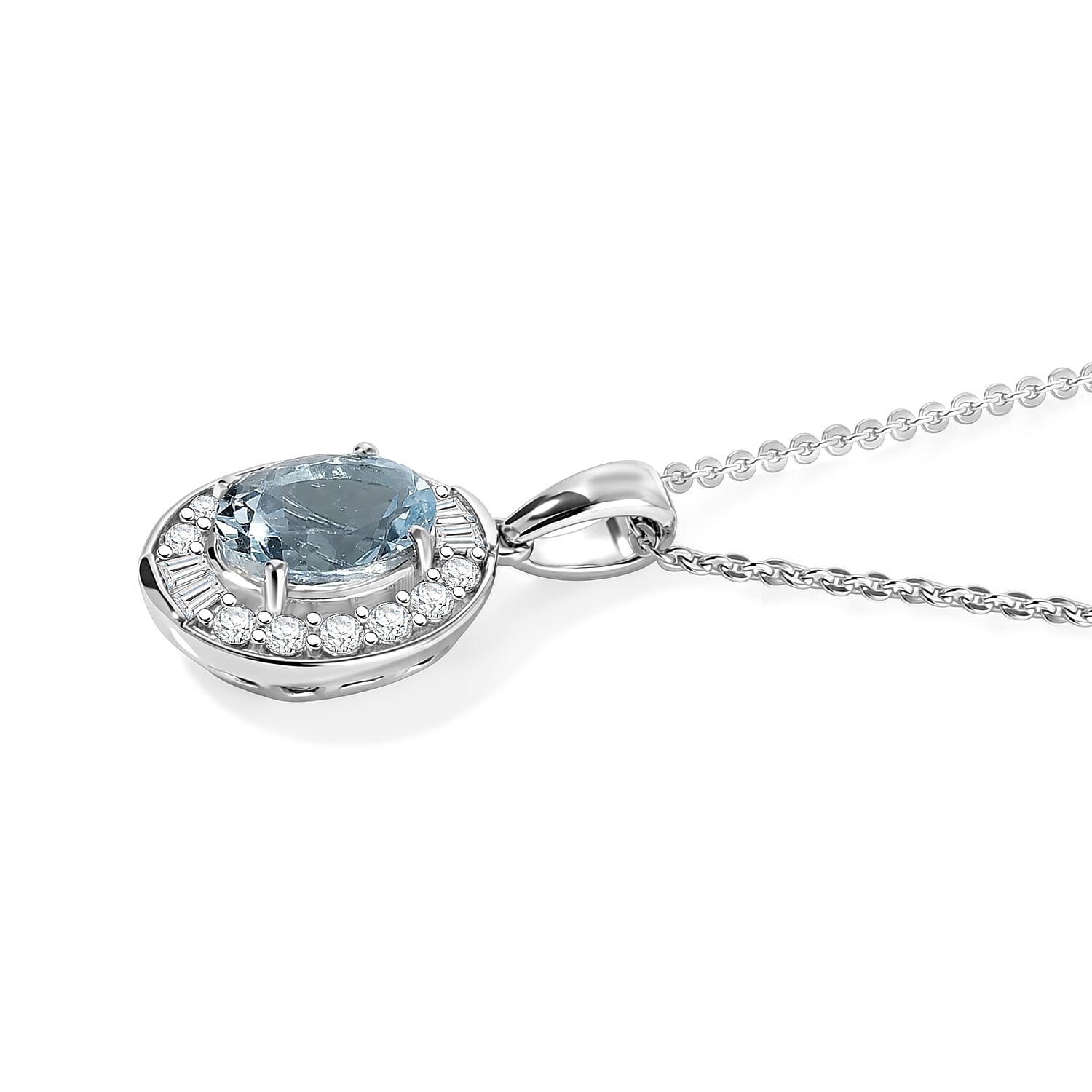 D'Joy Premium Mangoro Aquamarine and Moissanite 1.60 ctw Pendant Necklace (18 Inches) in Rhodium Over Sterling Silver