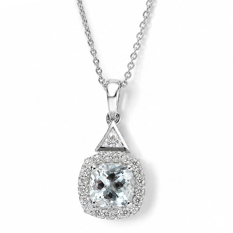 D'Joy Premium Santa Maria Aquamarine and Moissanite 1.70 ctw Pendant Necklace in Rhodium Over Sterling Silver 18 Inches