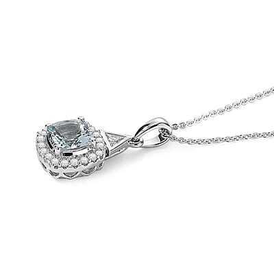 D'Joy Santa Maria Aquamarine and Moissanite 1.70 ctw Pendant Necklace in Rhodium Over Sterling Silver 18 Inches