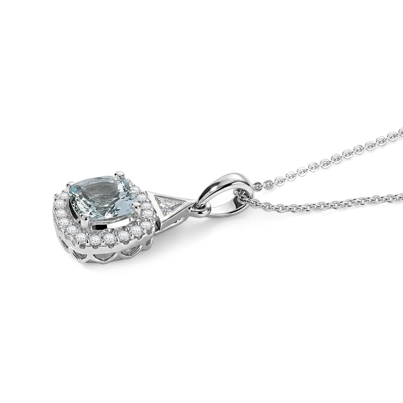 D'Joy Premium Santa Maria Aquamarine and Moissanite 1.70 ctw Pendant Necklace in Rhodium Over Sterling Silver 18 Inches
