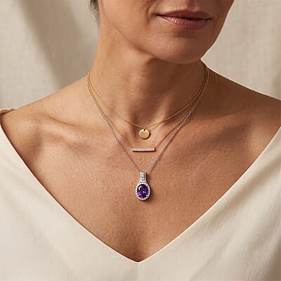 D'Joy Premium Zambian Amethyst and Moissanite 3.00 ctw Pendant Necklace in Rhodium Over Sterling Silver 18 Inches
