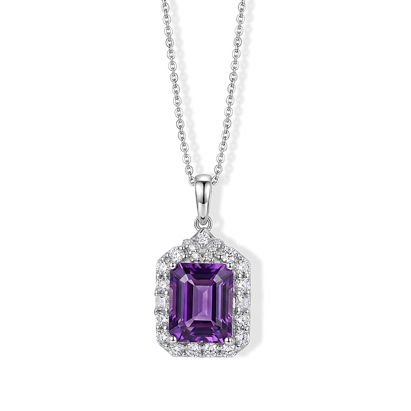 D'Joy Premium Zambian Amethyst and Moissanite 3.73 ctw Pendant Necklace in Rhodium Over Sterling Silver 18 Inches