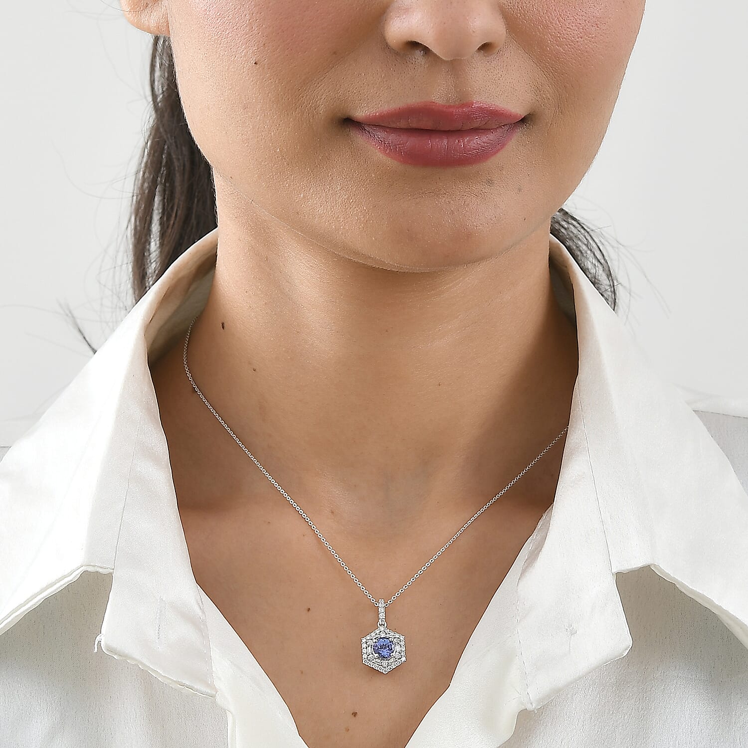 D''Joy Premium Tanzanite, Moissanite Pendant Necklace (18 Inches) in Rhodium Over Sterling Silver 1.80 ctwPendant and  Chain Set.