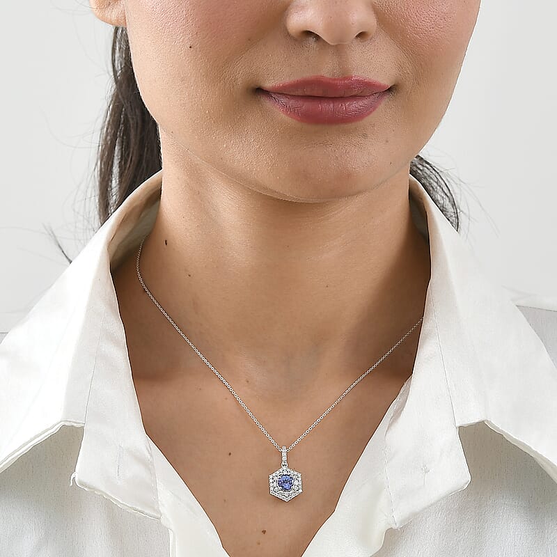 D'Joy Premium Tanzanite and Moissanite 1.80 ctw Pendant Necklace in Rhodium Over Sterling Silver 18 Inches