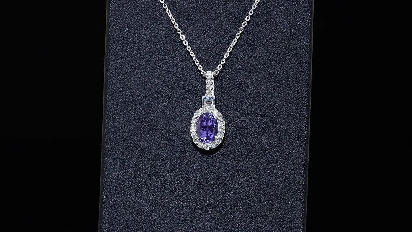 Certified and Appraised D'Joy Premium Tanzanite, Moissanite Pendant Necklace (18 Inches) in Rhodium Over Sterling Silver 1.50 ctw
