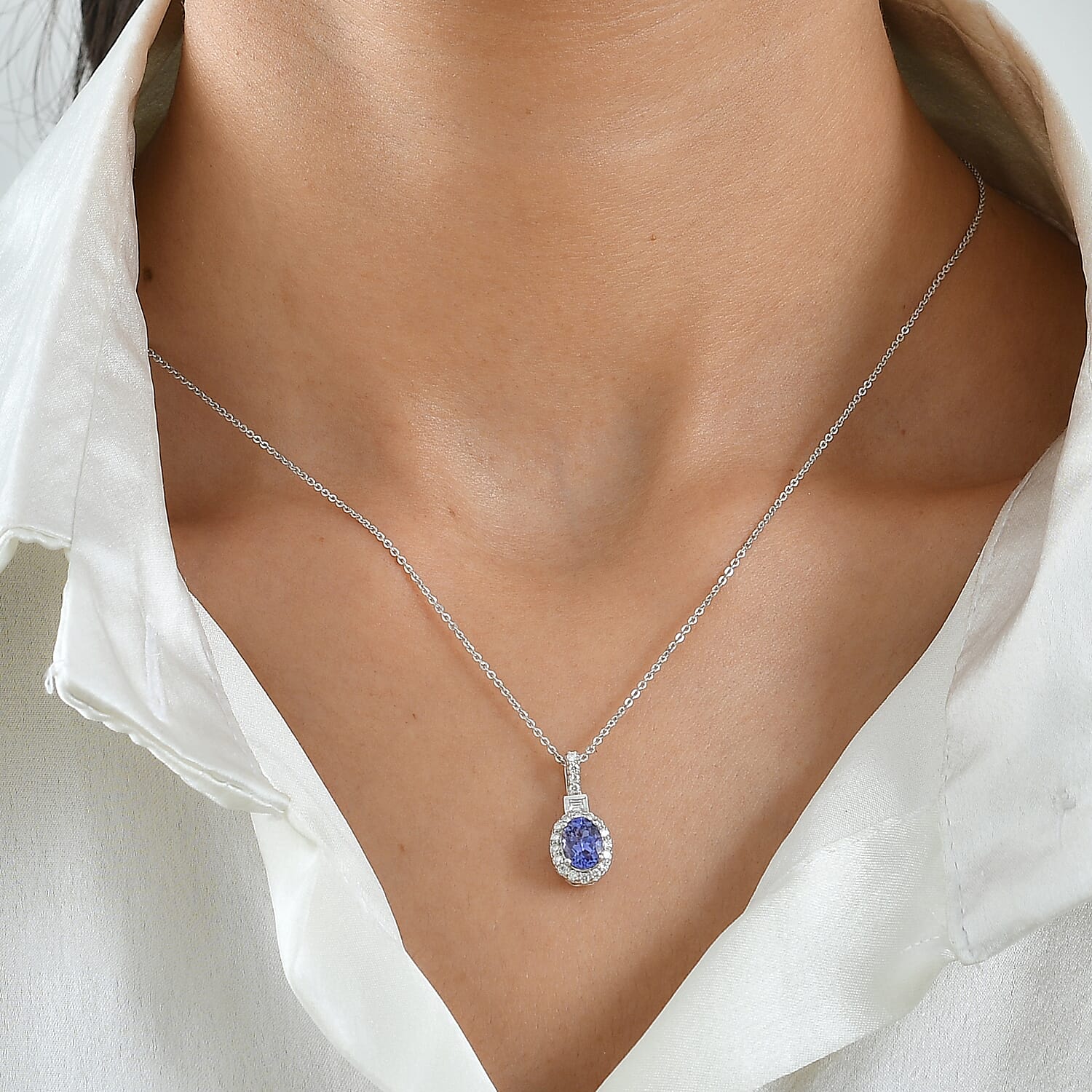 Certified & Appraised D'Joy Premium Tanzanite and Moissanite 1.50 ctw Pendant Necklace in Rhodium Over Sterling Silver 18 Inches