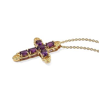 EverTrue African Amethyst 2.50 ctw Cross Pendant in 18K YG Plated with ION Plated YG Stainless Steel (20 Inches)