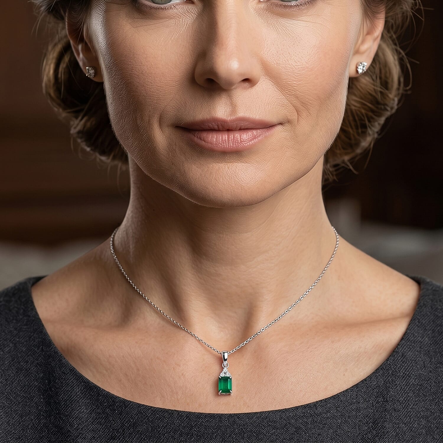 D'Joy Premium Kagem Zambian Emerald and Moissanite 1.10 ctw Royal Pendant Necklace in Rhodium Over Sterling Silver 18 Inches