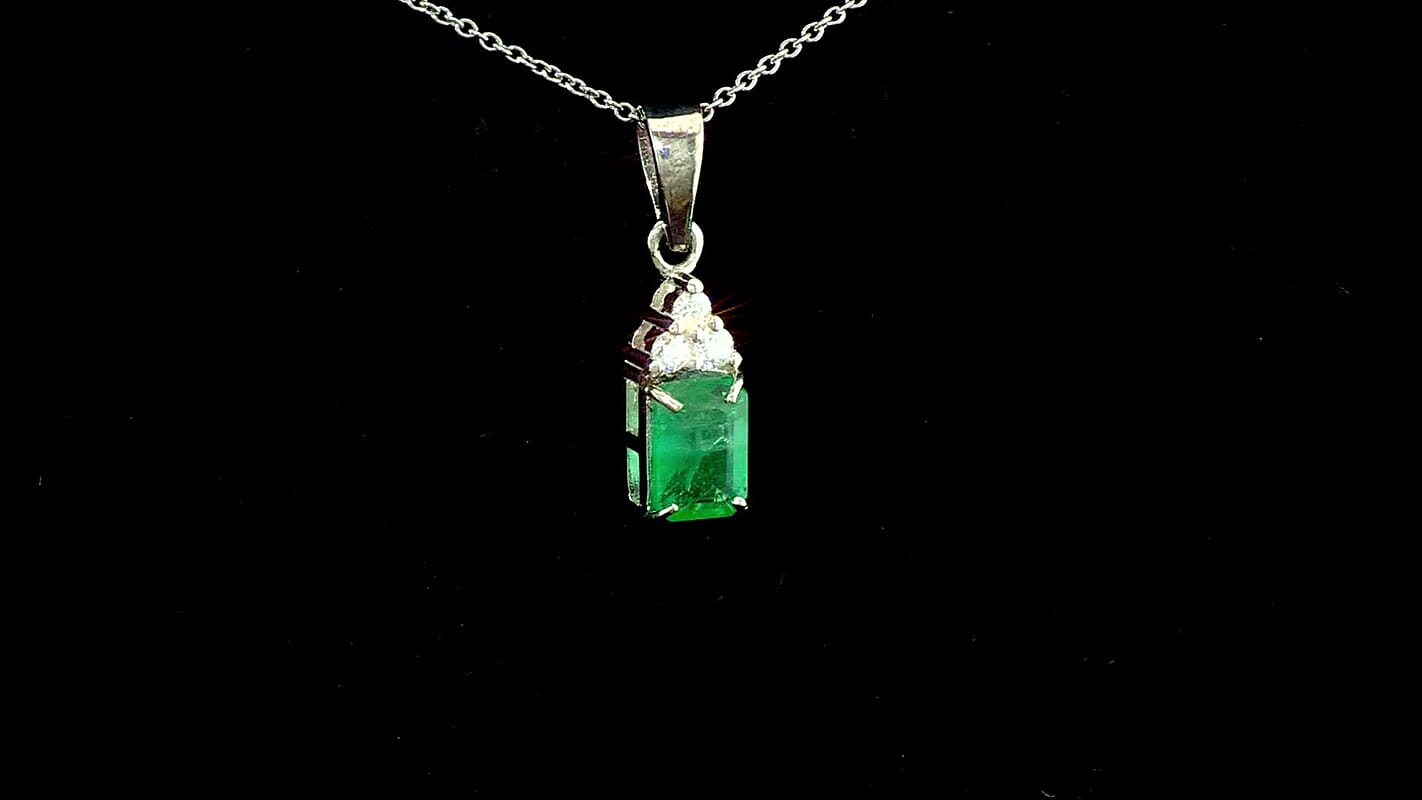 D'Joy Premium Kagem Zambian Emerald, Moissanite Pendant Necklace (18 Inches) in Rhodium Over Sterling Silver 1.10 ctw