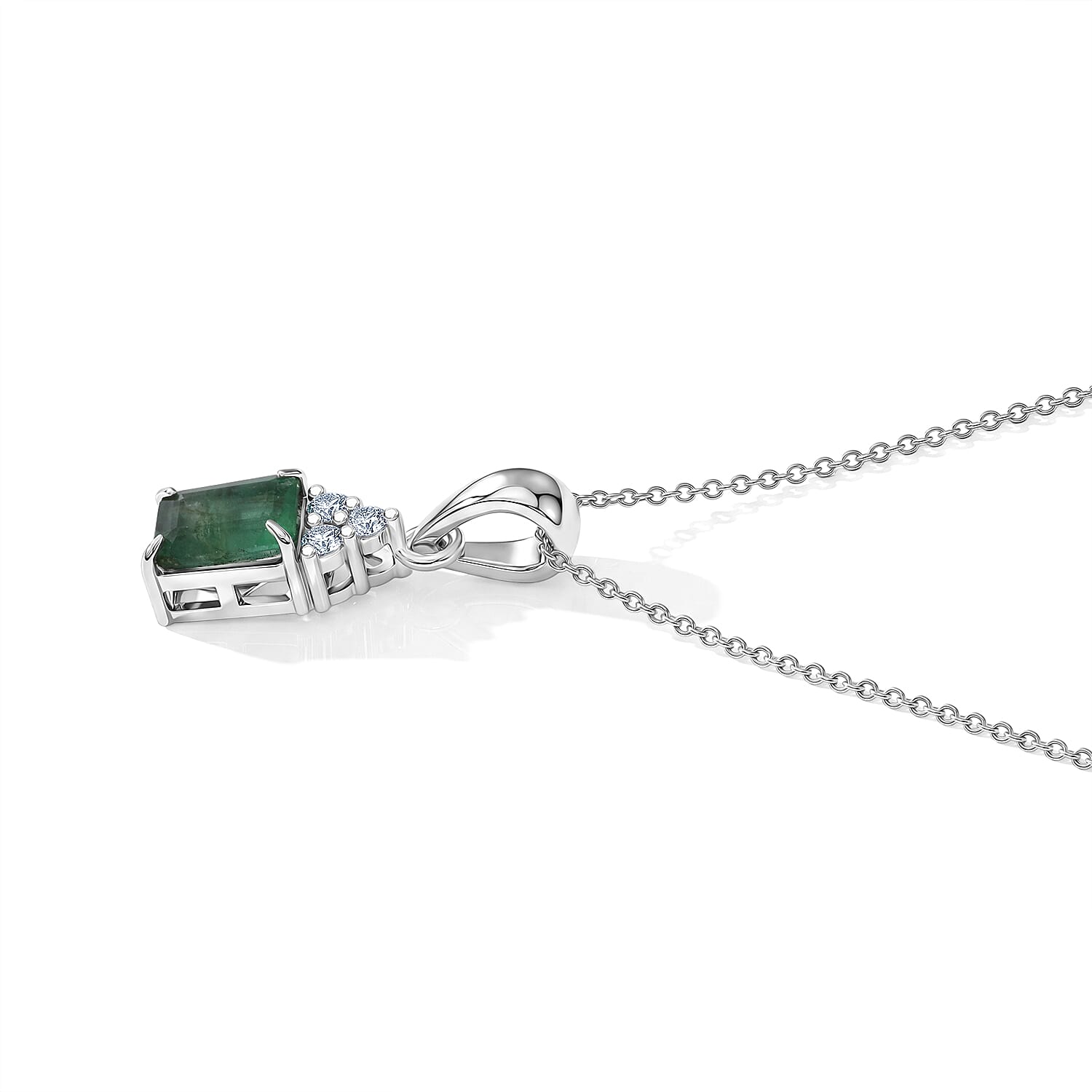 D'Joy Premium Kagem Zambian Emerald and Moissanite 1.10 ctw Royal Pendant Necklace in Rhodium Over Sterling Silver 18 Inches