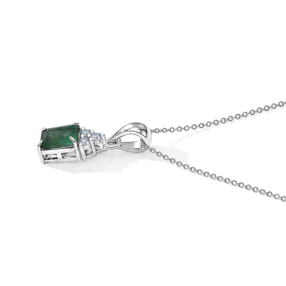 D'Joy Premium Kagem Zambian Emerald, Moissanite Pendant Necklace (18 Inches) in Rhodium Over Sterling Silver 1.10 ctw image number 3