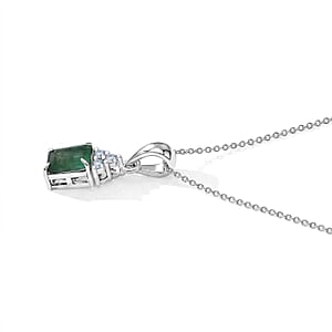 D'Joy Premium Kagem Zambian Emerald, Moissanite Pendant Necklace (18 Inches) in Rhodium Over Sterling Silver 1.10 ctw