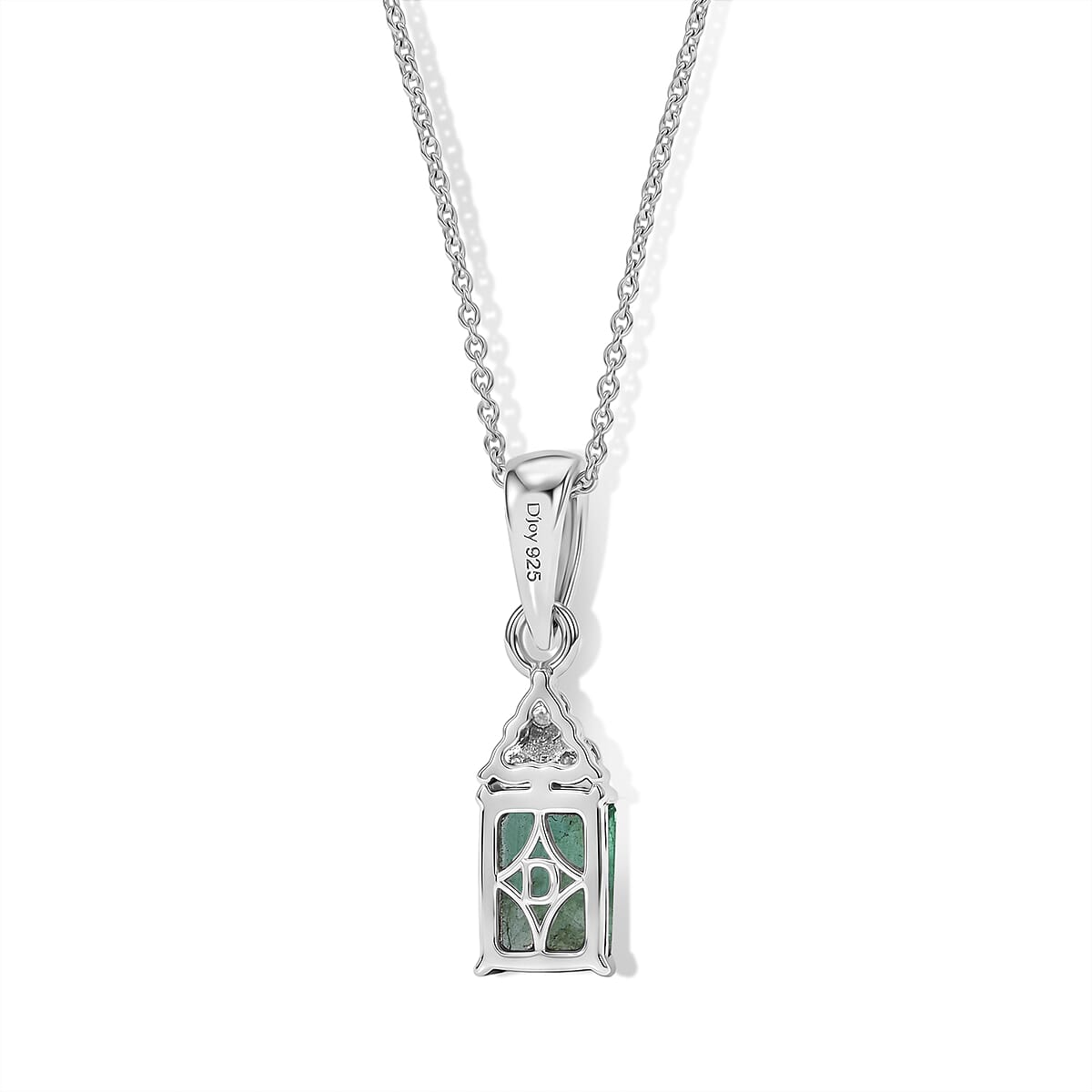 D'Joy Premium Kagem Zambian Emerald, Moissanite Pendant Necklace (18 Inches) in Rhodium Over Sterling Silver 1.10 ctw image number 4