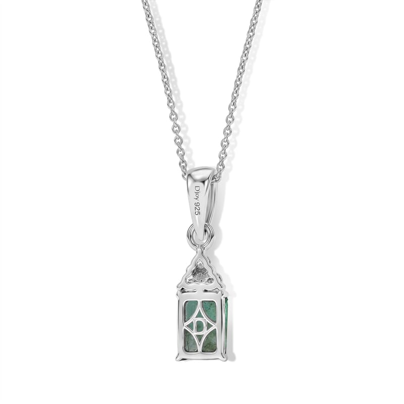 D'Joy Premium Kagem Zambian Emerald and Moissanite 1.10 ctw Royal Pendant Necklace in Rhodium Over Sterling Silver 18 Inches