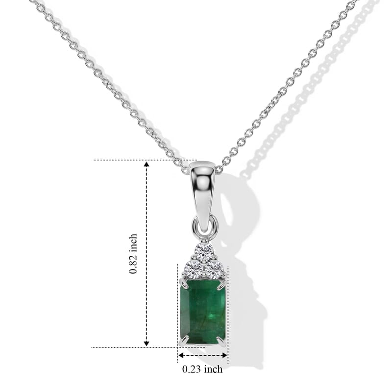 D'Joy Premium Kagem Zambian Emerald and Moissanite 1.10 ctw Royal Pendant Necklace in Rhodium Over Sterling Silver 18 Inches