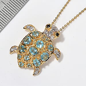 D'Joy Premium Batroke Blue Apatite and White Zircon 2.00 ctw Guardian Turtle Pendant Necklace (20 Inches) in 18K Vermeil Yellow Gold Over Sterling Silver