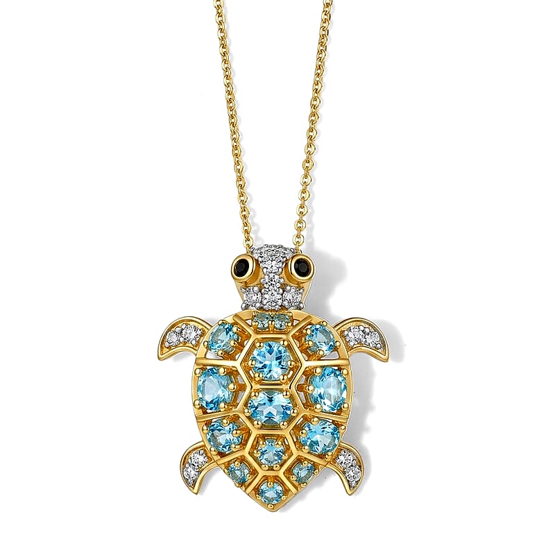 D'Joy Premium Betroka Blue Apatite and White Zircon 2.00 ctw Guardian Turtle Pendant Necklace (20 Inches) in 18K Vermeil Yellow Gold Over Sterling Silver