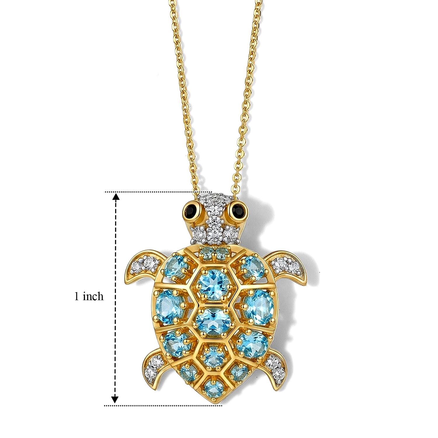 D'Joy Premium Betroka Blue Apatite and White Zircon 2.00 ctw Guardian Turtle Pendant Necklace (20 Inches) in 18K Vermeil Yellow Gold Over Sterling Silver