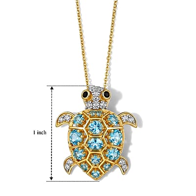 D'Joy Premium Betroka Blue Apatite and White Zircon 2.00 ctw Guardian Turtle Pendant Necklace (20 Inches) in 18K Vermeil Yellow Gold Over Sterling Silver