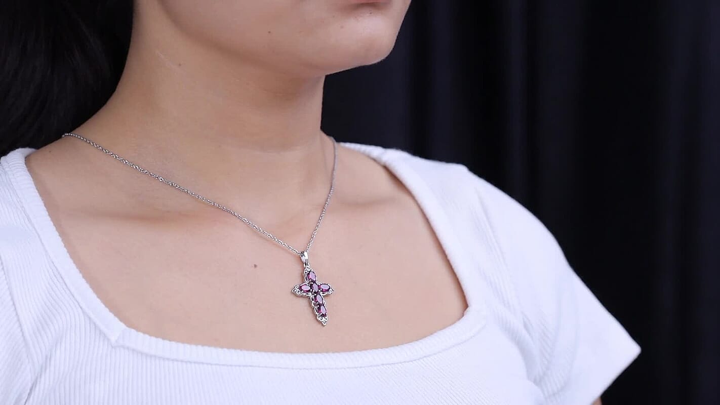 EverTrue Orissa Rhodolite Garnet Earrings and Cross Pendant Necklace (20 Inches) in Stainless Steel 4.50 ctw